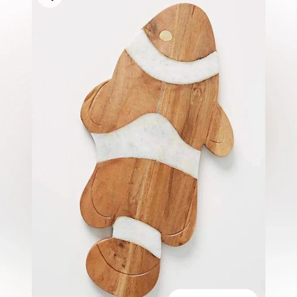 Anthropologie Wood and White Marble Fish Serving Boards